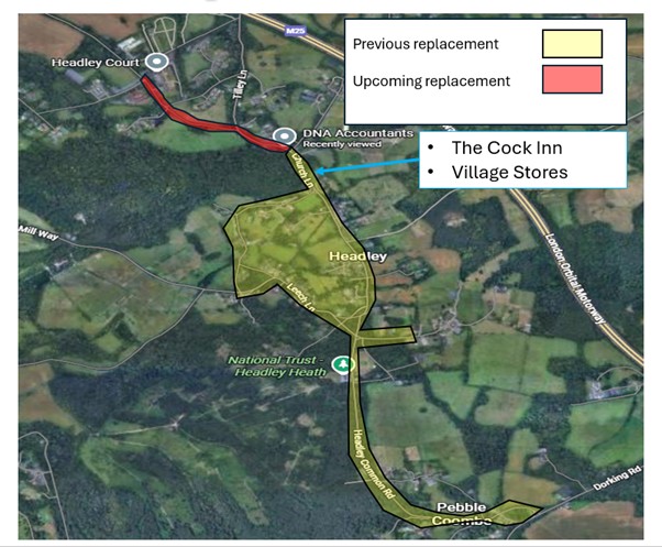 map showing the previous and upcoming water main replacements in the Headley area